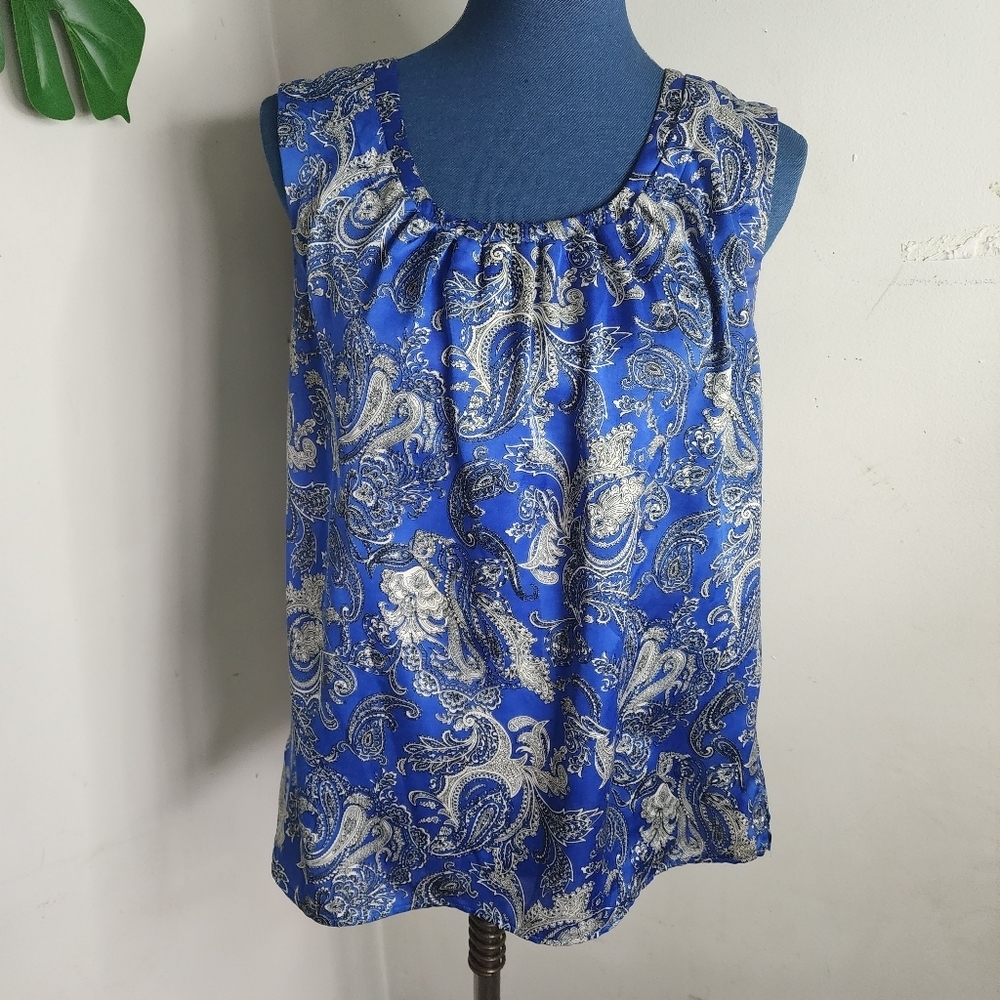 Talbots Blue Grey Paisley Sleeveless Blouse Top